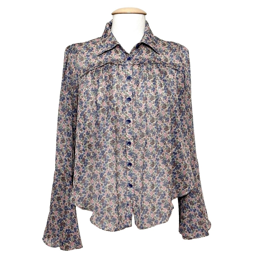Boho Prairie Womens Top S Blue Purple Floral Sheer Feminine Romantic Cottagecore